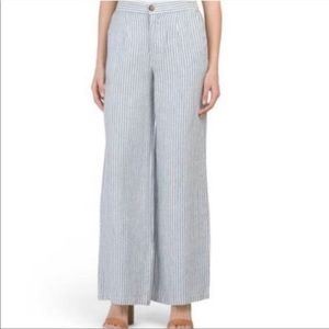 Tahari 100% linen blue white stripe wide leg trousers pants pockets button